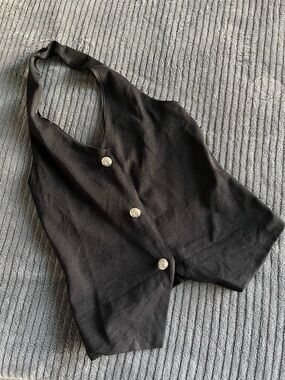 Sleeveless Black Halter Tank with Decorative Silver Buttons | Size Small